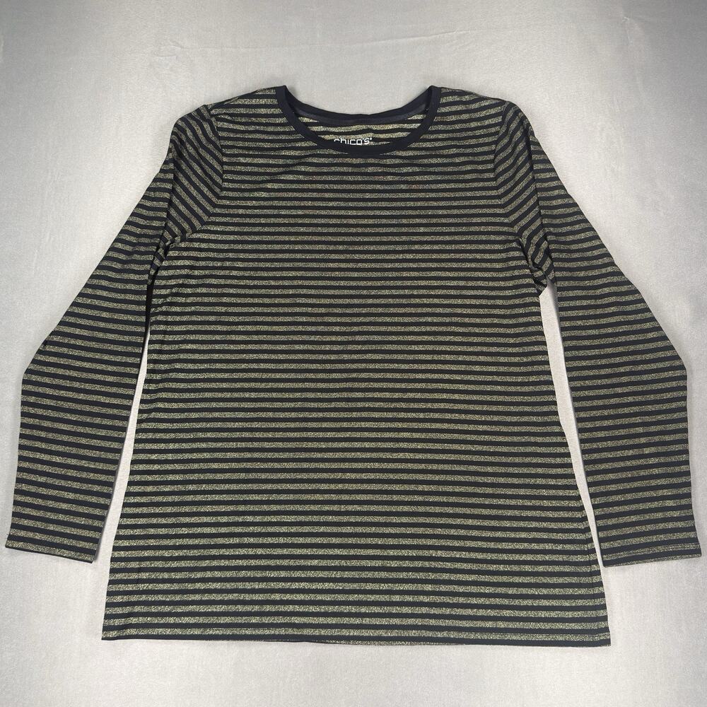 Chico's Women Size 2 Large Black Gold Metallic Stripe Long Sleeve Top NWOT